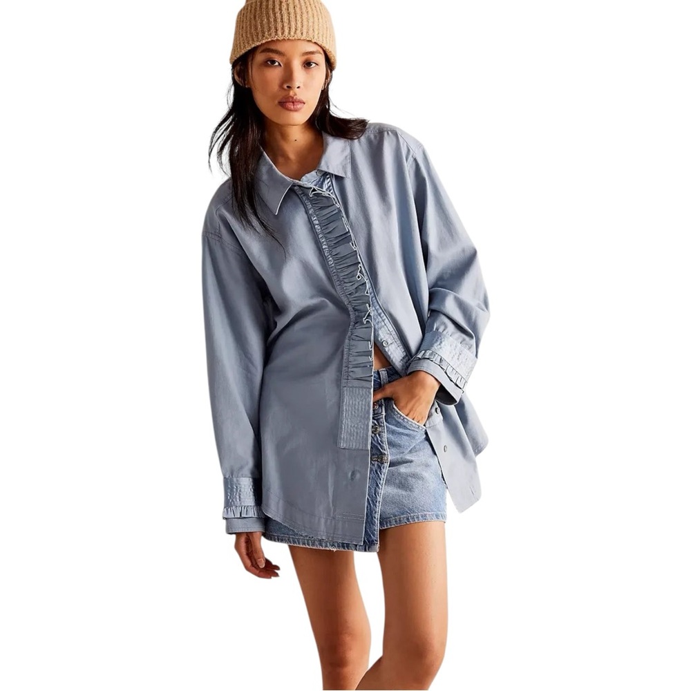 Free People Night Moves Shirt Ruffles Autumn Blue Distressed‎ Oversized XS $148